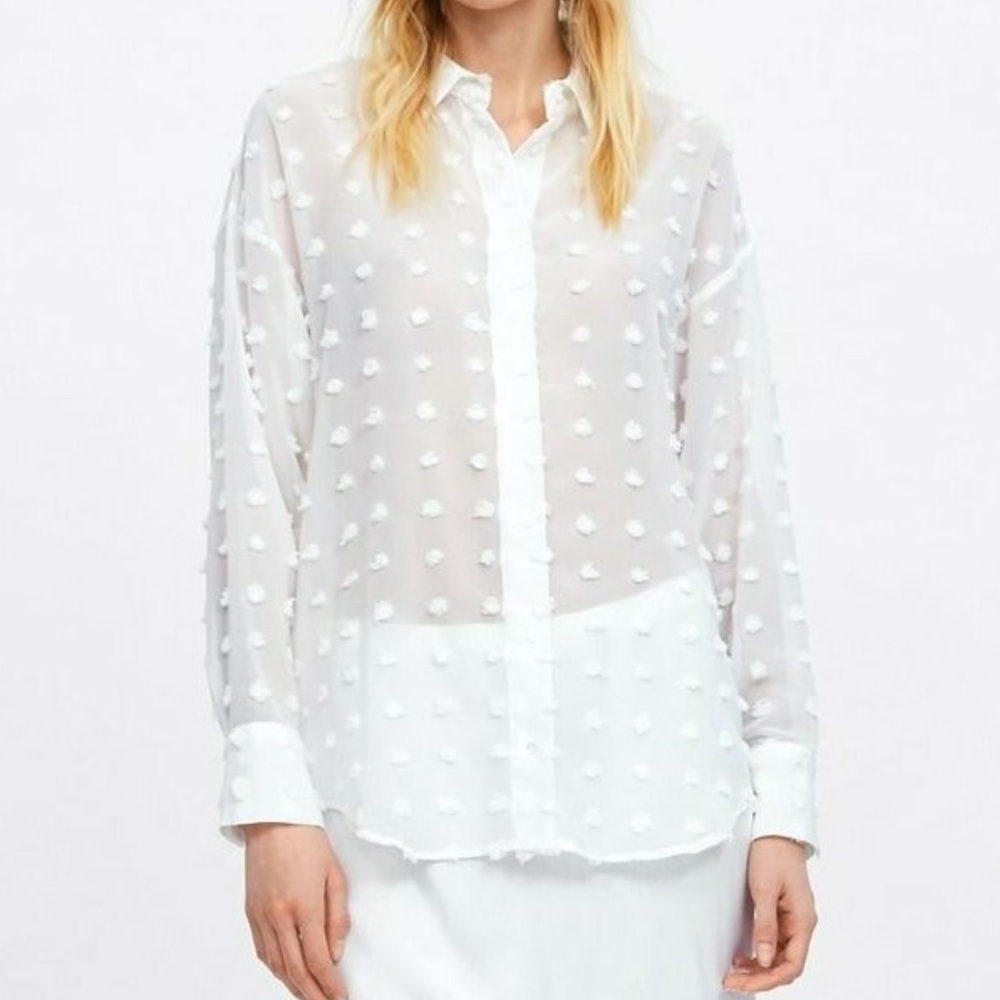 Zara Sheer White Polka Dot Shirt